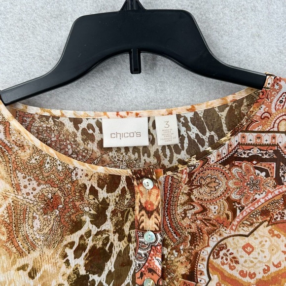 Chicos Tunic Top Women XL Asymmetrical Hem 3/4 Sleeve Leopard Roll‎ Tab Chiffon - Picture 6 of 16